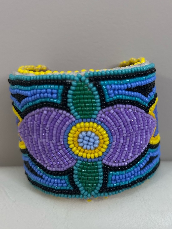 Jewelry - Handmade Adjustable Beaded Floral Cuff Bracelet - Purple & Yellow